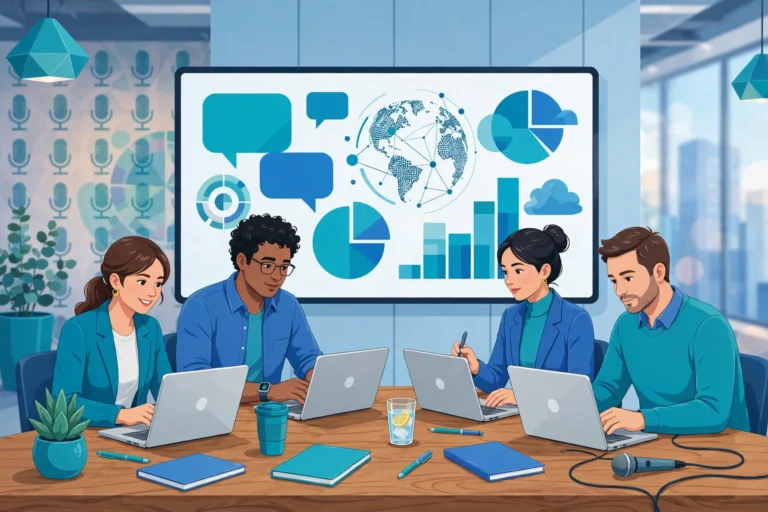 PR team using AI communication tools in a modern office
