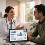 Doctor reviewing AI-generated clinical notes on a tablet