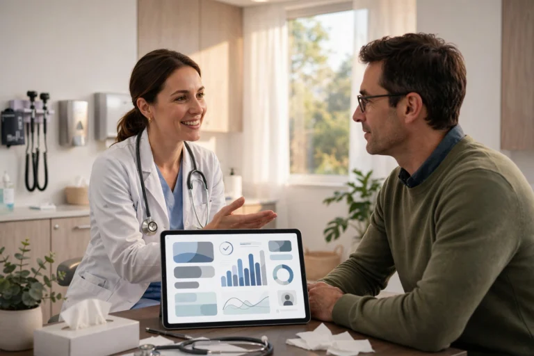 Doctor reviewing AI-generated clinical notes on a tablet