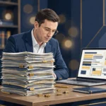 Lawyer using AI legal research software in an office
