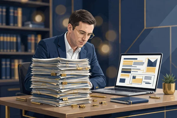 Lawyer using AI legal research software in an office