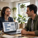 Customer support team using AI chat tools on headsets