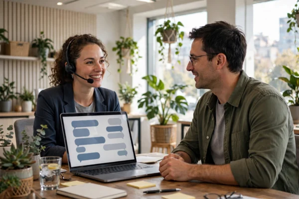 Customer support team using AI chat tools on headsets