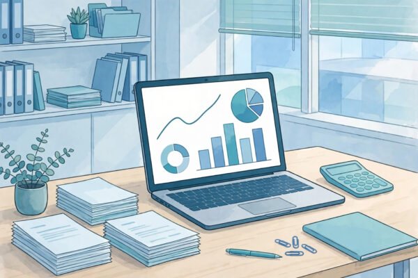 Accountant reviewing AI finance dashboards on a computer