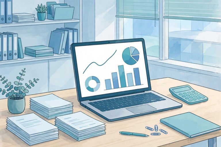 Accountant reviewing AI finance dashboards on a computer