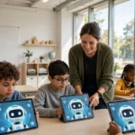 Students learning with AI tutoring tablets in a classroom