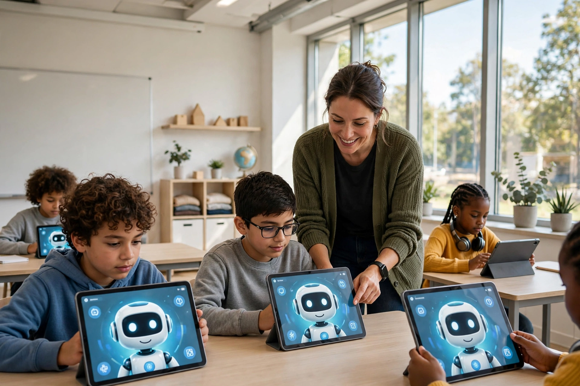 Students learning with AI tutoring tablets in a classroom