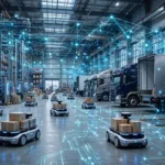 Autonomous warehouse robots moving packages in a logistics hub