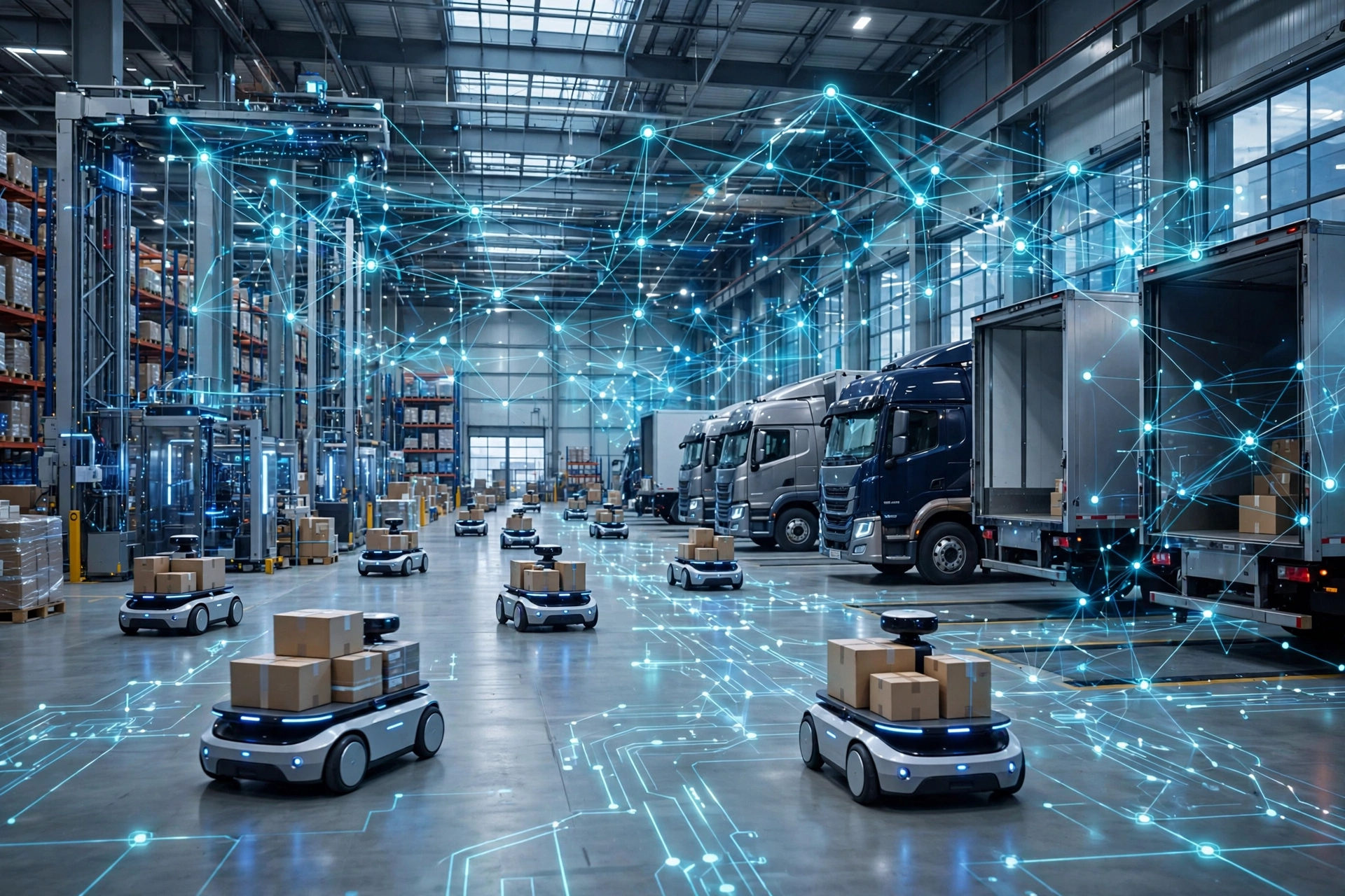 Autonomous warehouse robots moving packages in a logistics hub