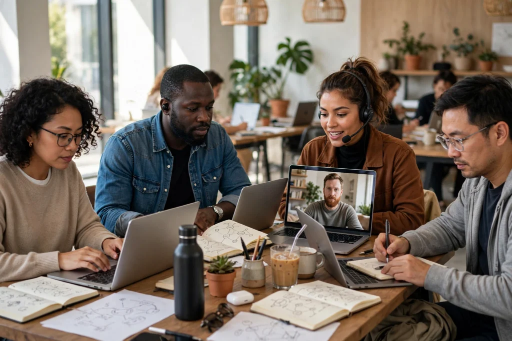 Freelance specialists collaborating in a modern coworking space