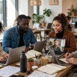Freelance specialists collaborating in a modern coworking space