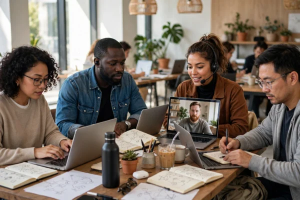 Freelance specialists collaborating in a modern coworking space