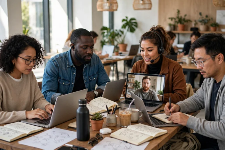 Freelance specialists collaborating in a modern coworking space
