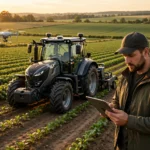 Drone flying over farmland for precision agriculture monitoring