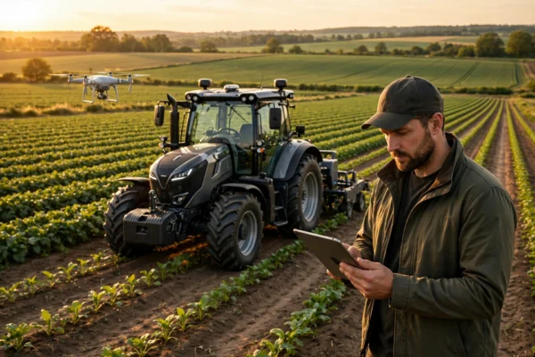 Drone flying over farmland for precision agriculture monitoring