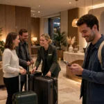 Hotel guest checking in with a personalized AI concierge service
