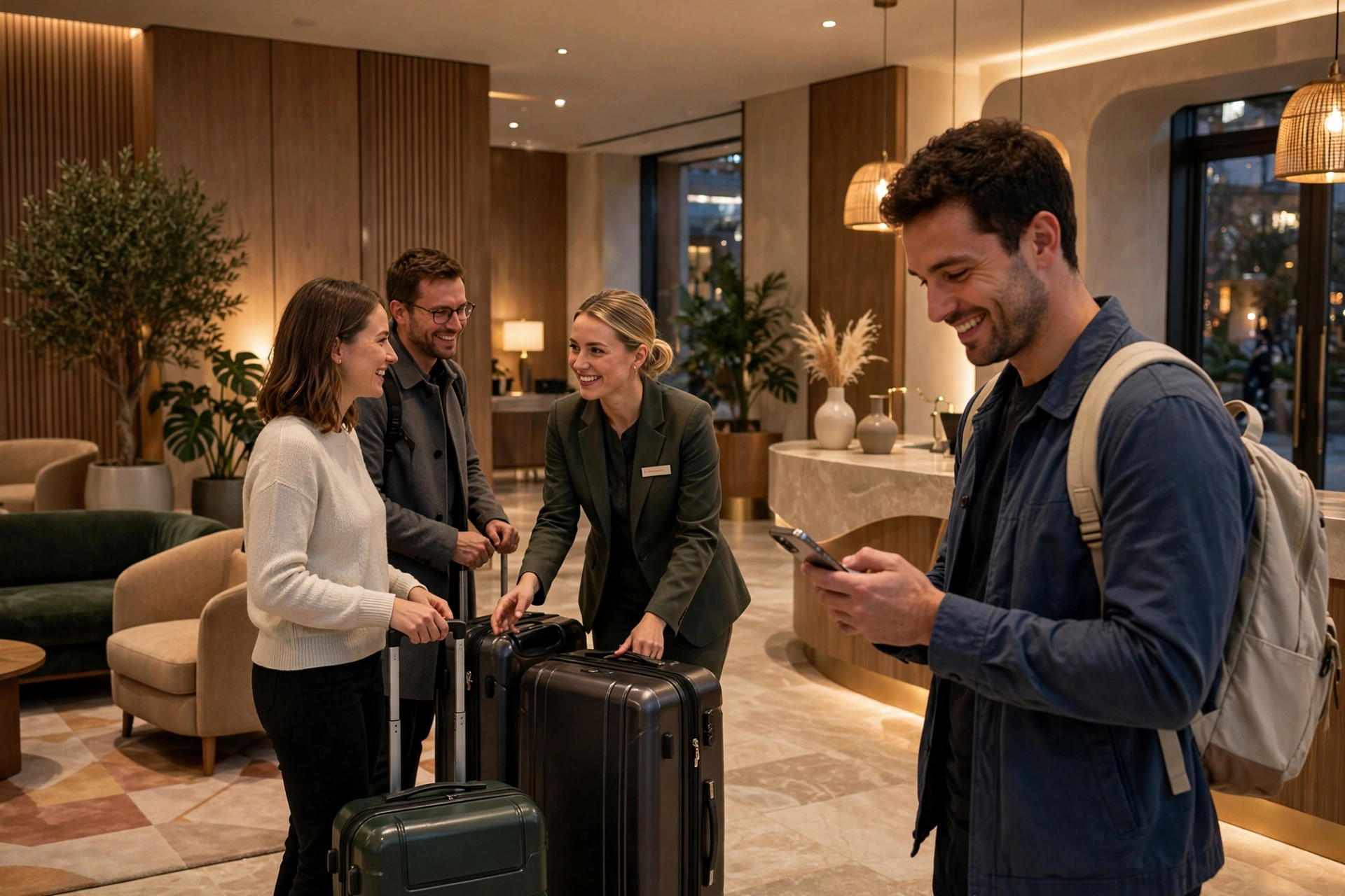 Hotel guest checking in with a personalized AI concierge service