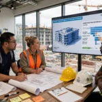 Construction managers reviewing an AI project dashboard in a site office.