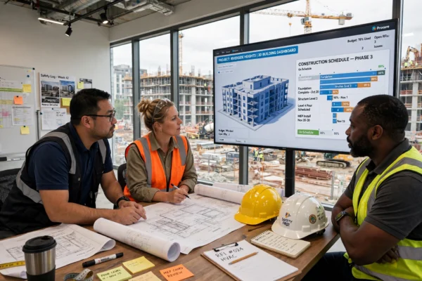 Construction managers reviewing an AI project dashboard in a site office.