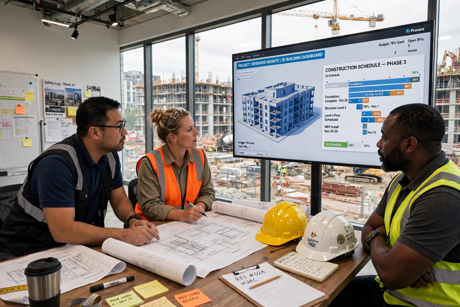 Construction managers reviewing an AI project dashboard in a site office.