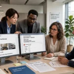 Insurance claims team reviewing digital claims with AI tools in an office.