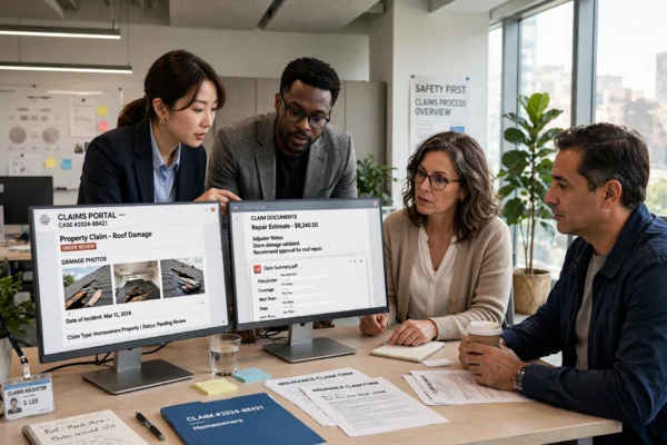 Insurance claims team reviewing digital claims with AI tools in an office.