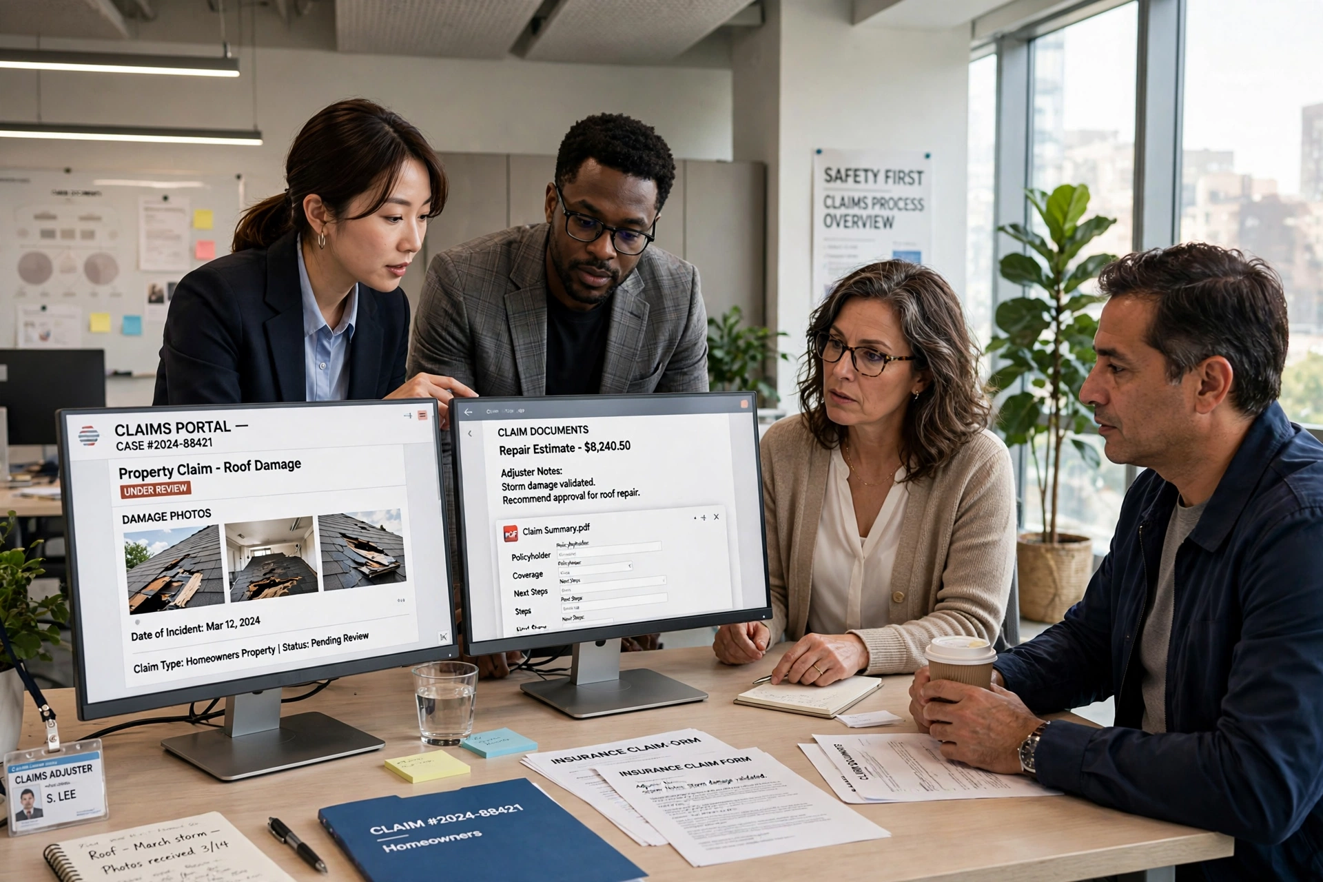 Insurance claims team reviewing digital claims with AI tools in an office.