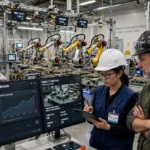 Engineers monitoring AI systems on a smart factory production line