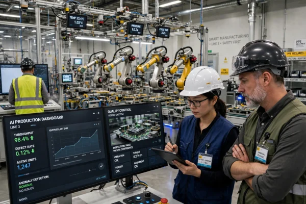 Engineers monitoring AI systems on a smart factory production line