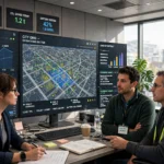 Engineers monitoring AI energy management dashboards in a utility control room