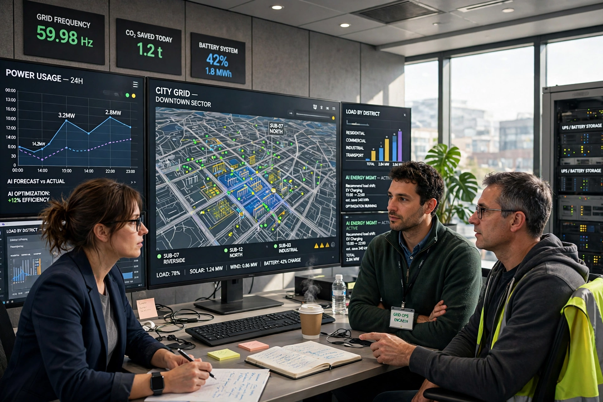 Engineers monitoring AI energy management dashboards in a utility control room