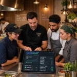 Restaurant team reviewing an AI operations dashboard in a modern kitchen