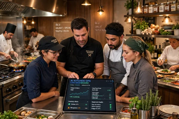 Restaurant team reviewing an AI operations dashboard in a modern kitchen