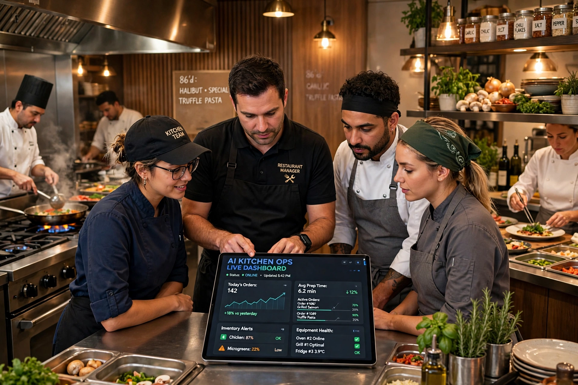 Restaurant team reviewing an AI operations dashboard in a modern kitchen