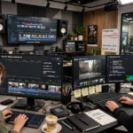 Editors working on AI-assisted video production in a film editing suite