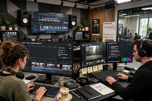 Editors working on AI-assisted video production in a film editing suite