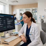 Dentist reviewing an AI practice dashboard in a modern dental clinic
