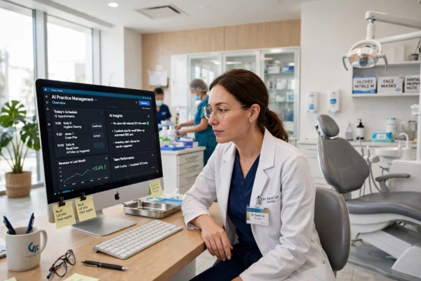 Dentist reviewing an AI practice dashboard in a modern dental clinic