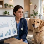 Veterinarian reviewing AI practice tools in a modern animal clinic