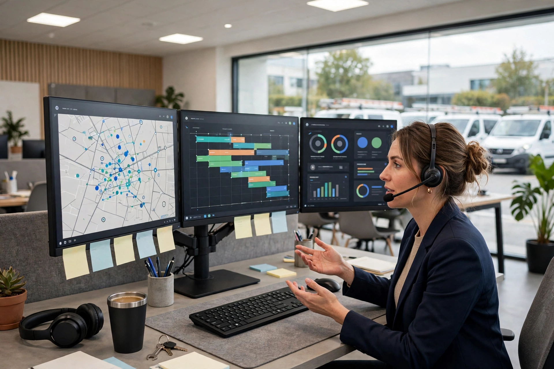 Home services dispatcher coordinating technicians with AI scheduling software