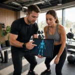 Personal trainer using AI fitness tools with a client in a modern gym