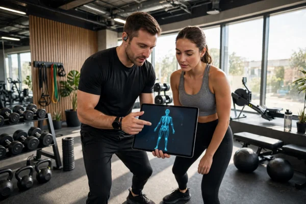 Personal trainer using AI fitness tools with a client in a modern gym